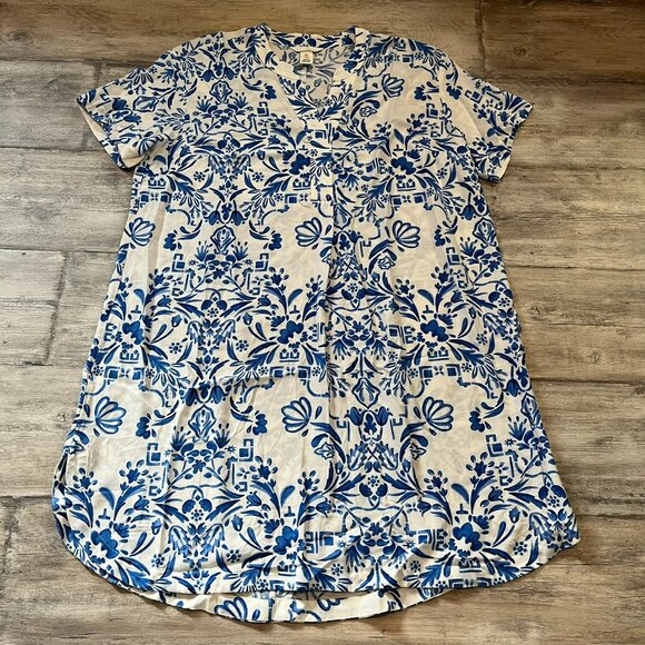 H&M Viscose Tunic Dress, White/Blue Floral, Size Medium - Picture 1 of 9